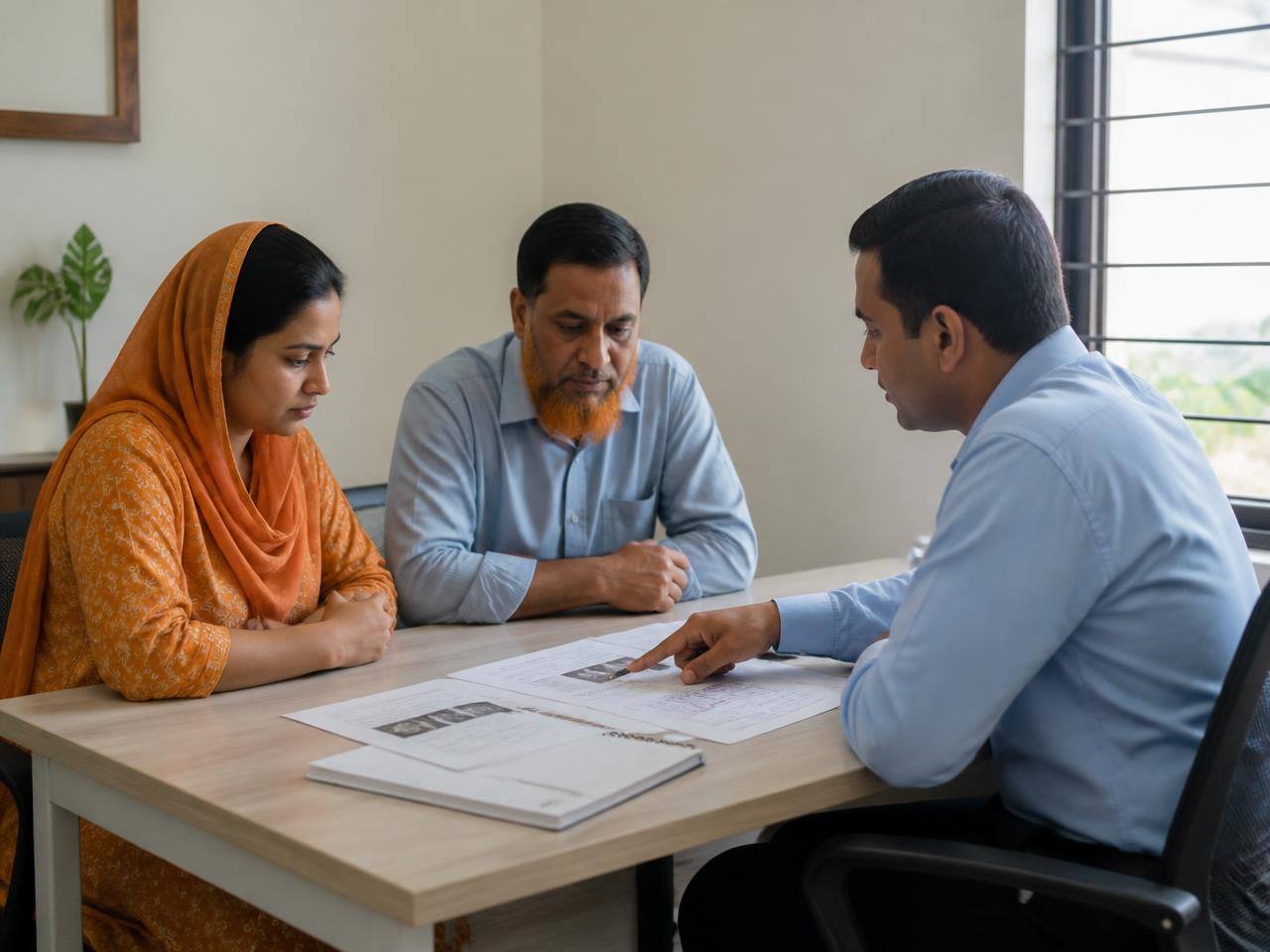 A coordinator explaining printed medical reports to a family at a table