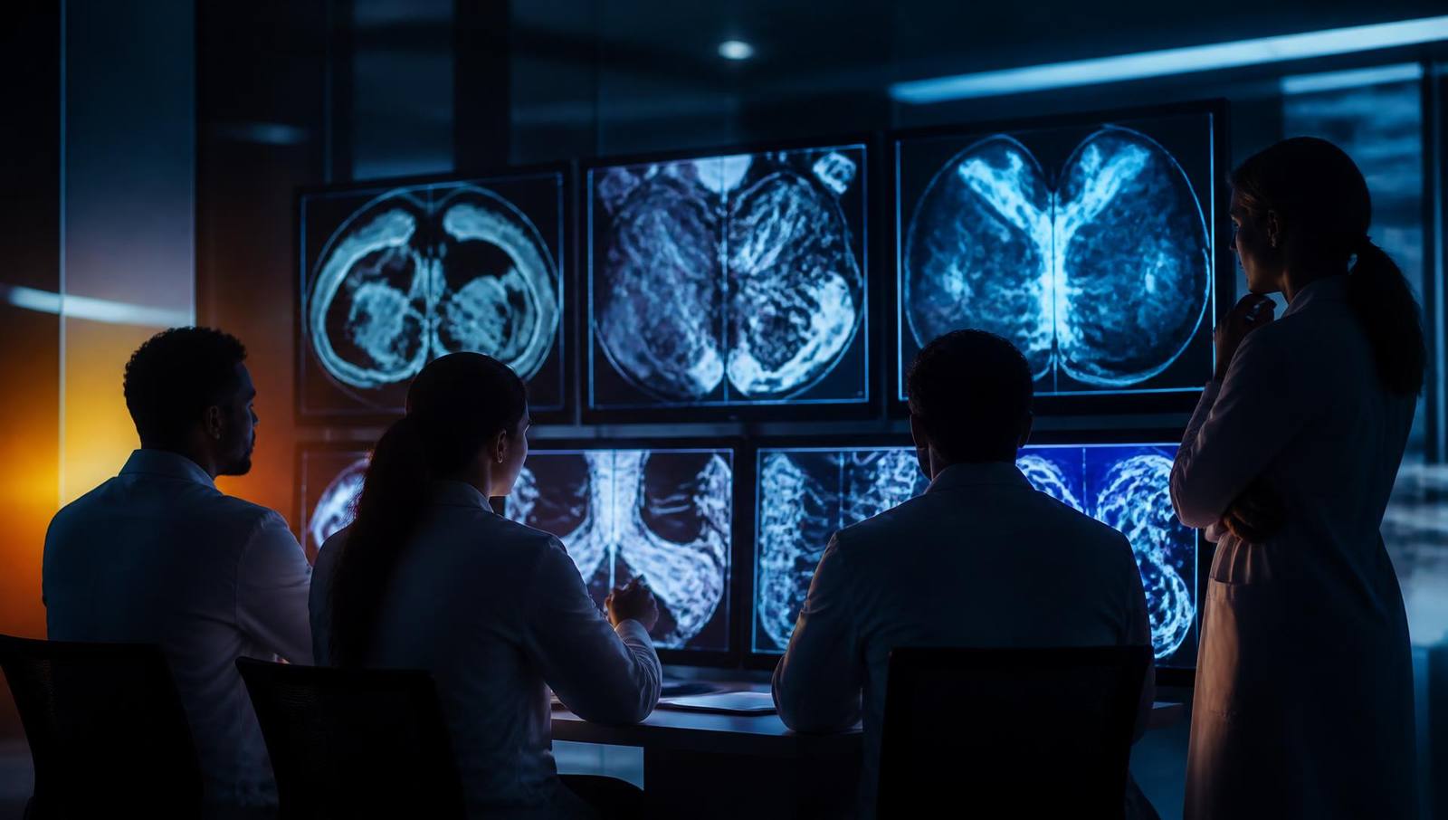 Illustration: doctors reviewing imaging together in a reading room