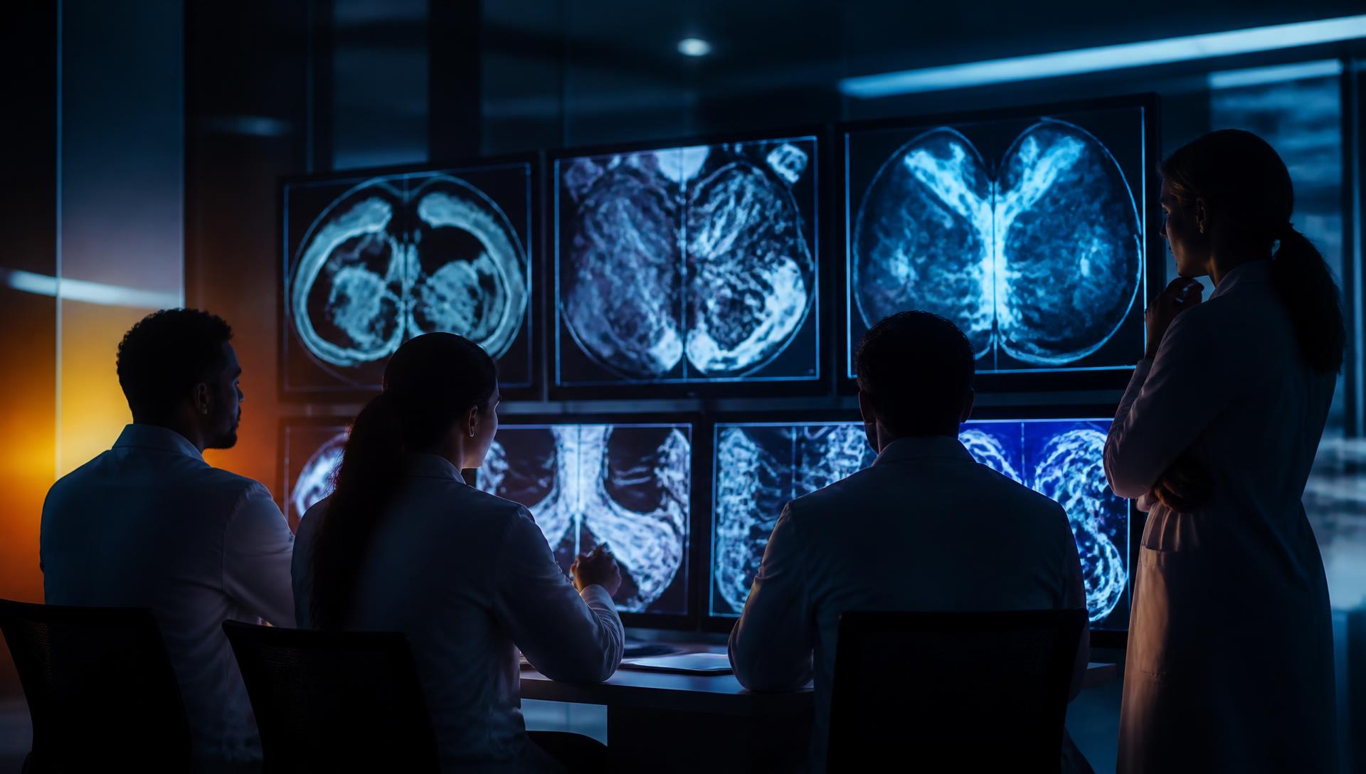 Illustration: doctors reviewing imaging together in a reading room
