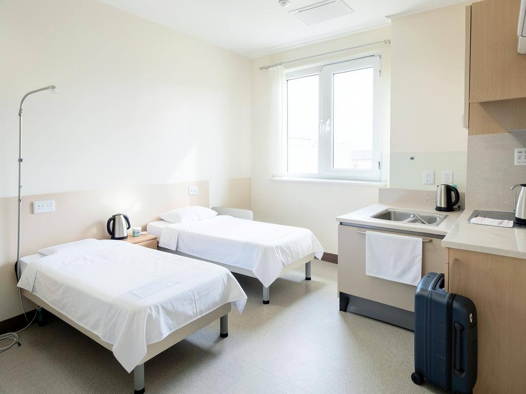 A simple serviced apartment room with two beds and a small kitchen area