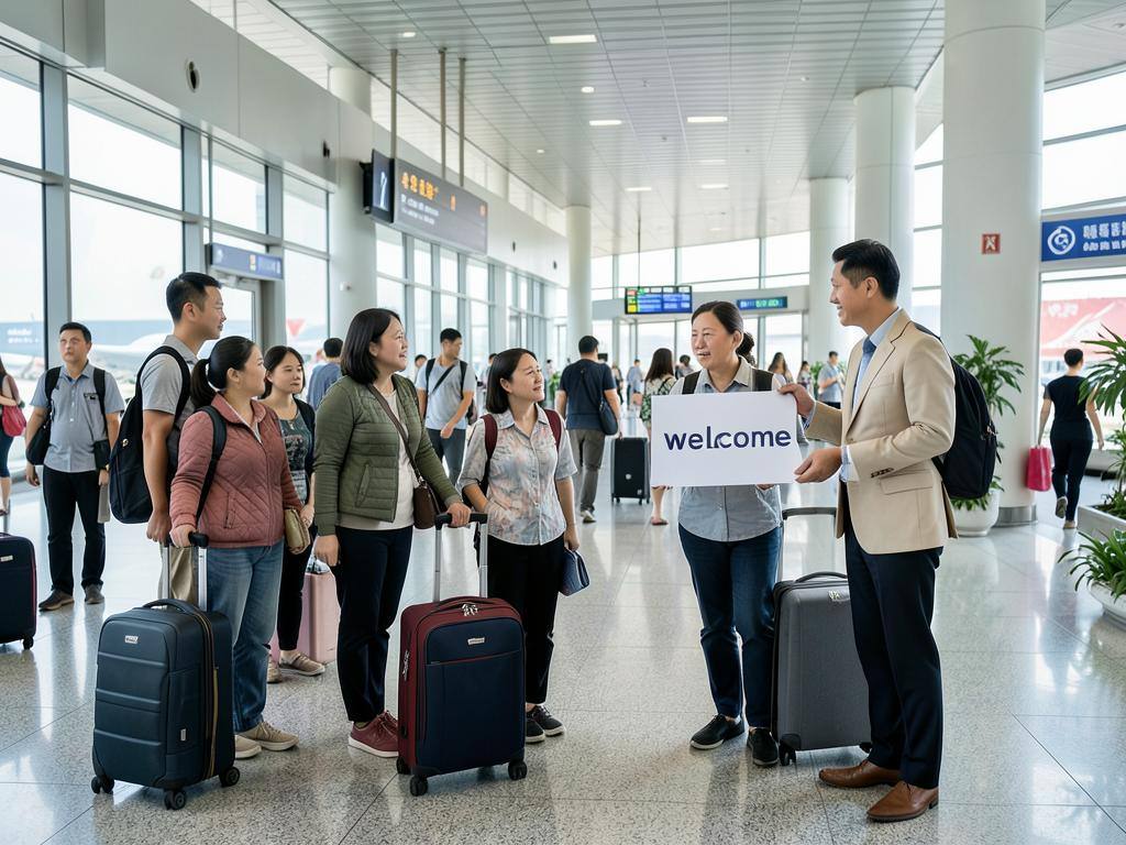A family arriving at an airport terminal with luggage and being met by a coordinator