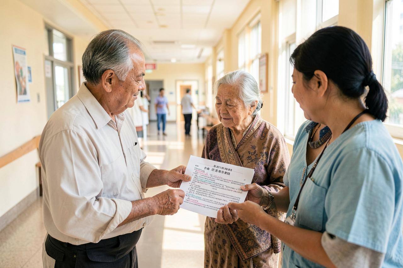 An interpreter reading a hospital information sheet with an elderly patient and a family member